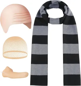 4 Pcs Halloween Costume Accessories for Adult,Black Gray Striped Scarf/Fake Nose/Bald Cap for Men Cosplay Set