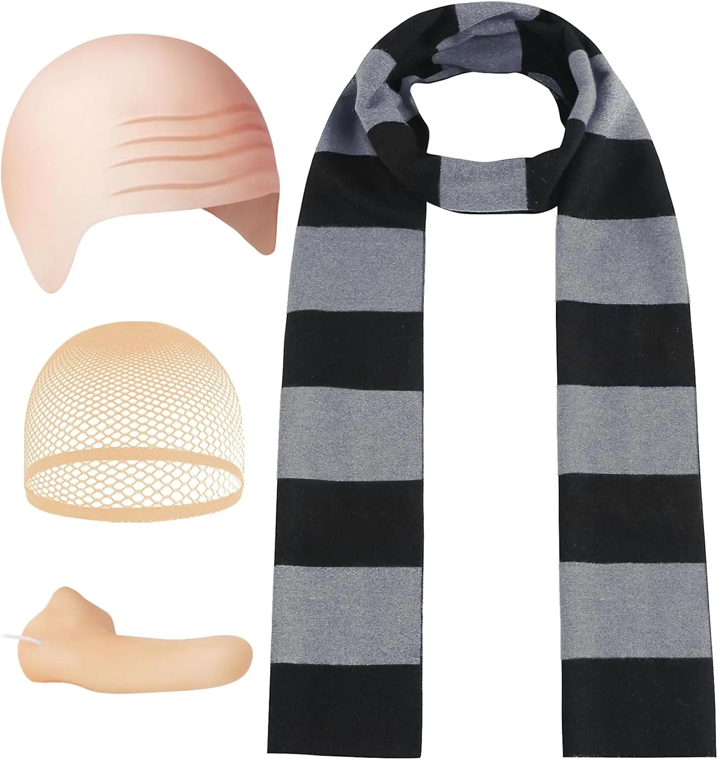 4 Pcs Halloween Costume Accessories for Adult,Black Gray Striped Scarf/Fake Nose/Bald Cap for Men Cosplay Set