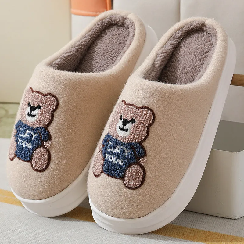 Autumn And Winter New Cartoon Woolen Bear Cotton Slippers Women