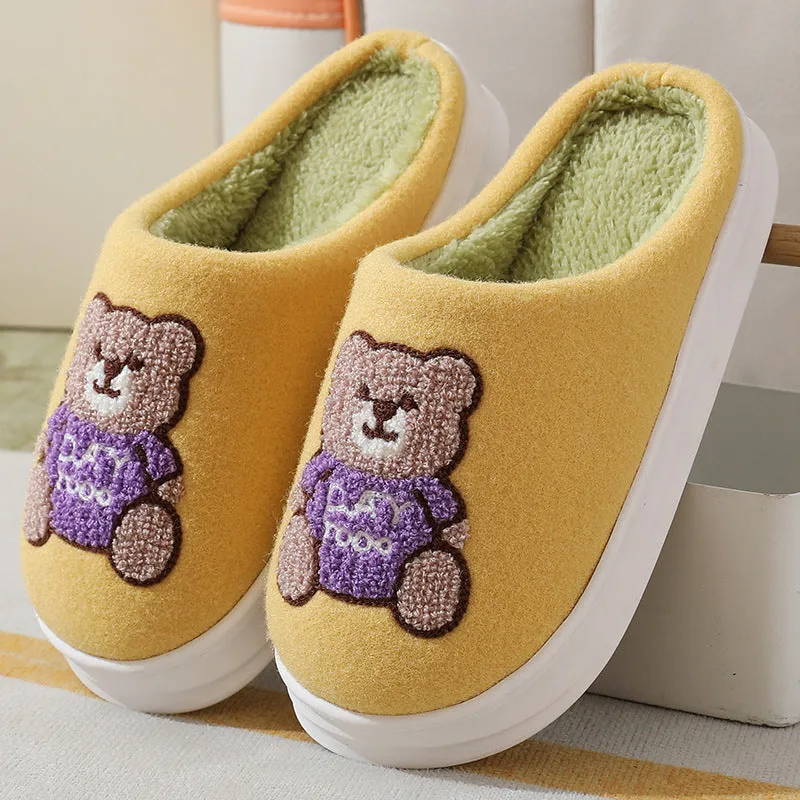 Autumn And Winter New Cartoon Woolen Bear Cotton Slippers Women