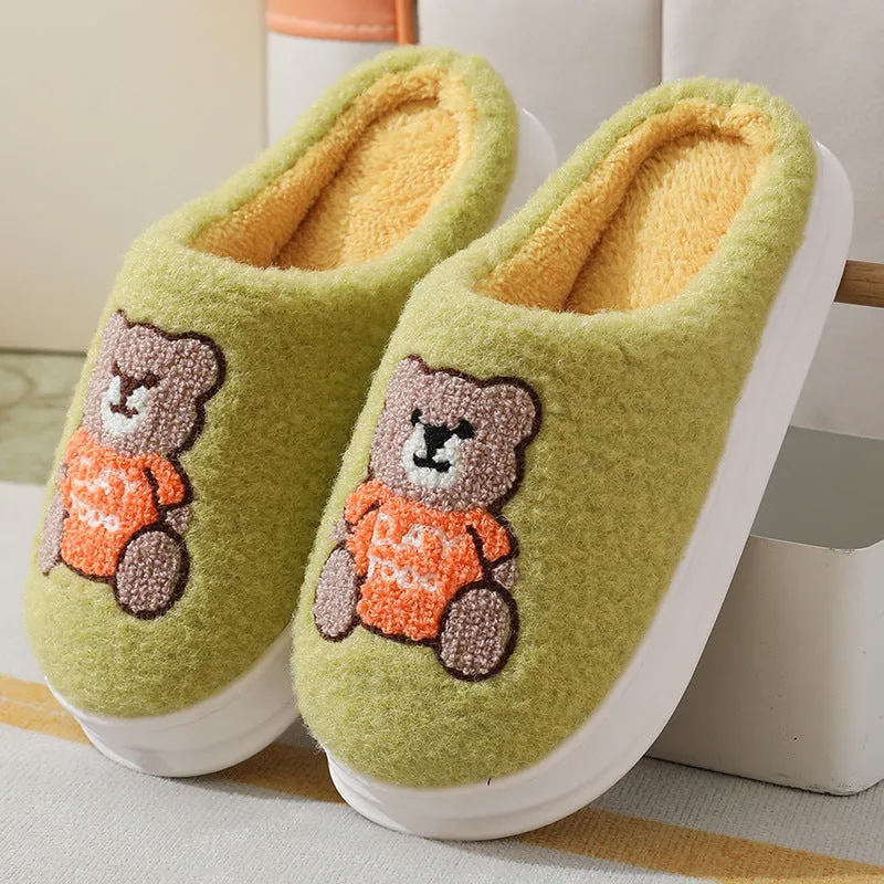Autumn And Winter New Cartoon Woolen Bear Cotton Slippers Women