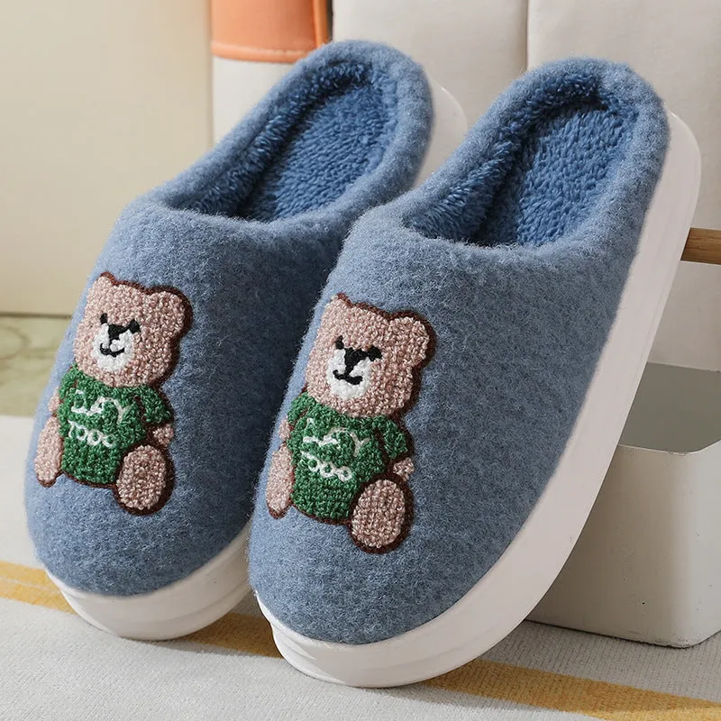 Autumn And Winter New Cartoon Woolen Bear Cotton Slippers Women