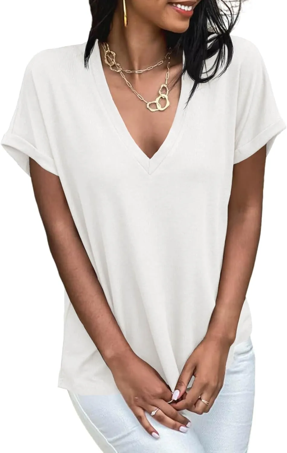 Cicy Bell Womens Summer Oversized T-Shirts V Neck Rolled Short Sleeve Casual Tops Loose Fit Tunic Tees