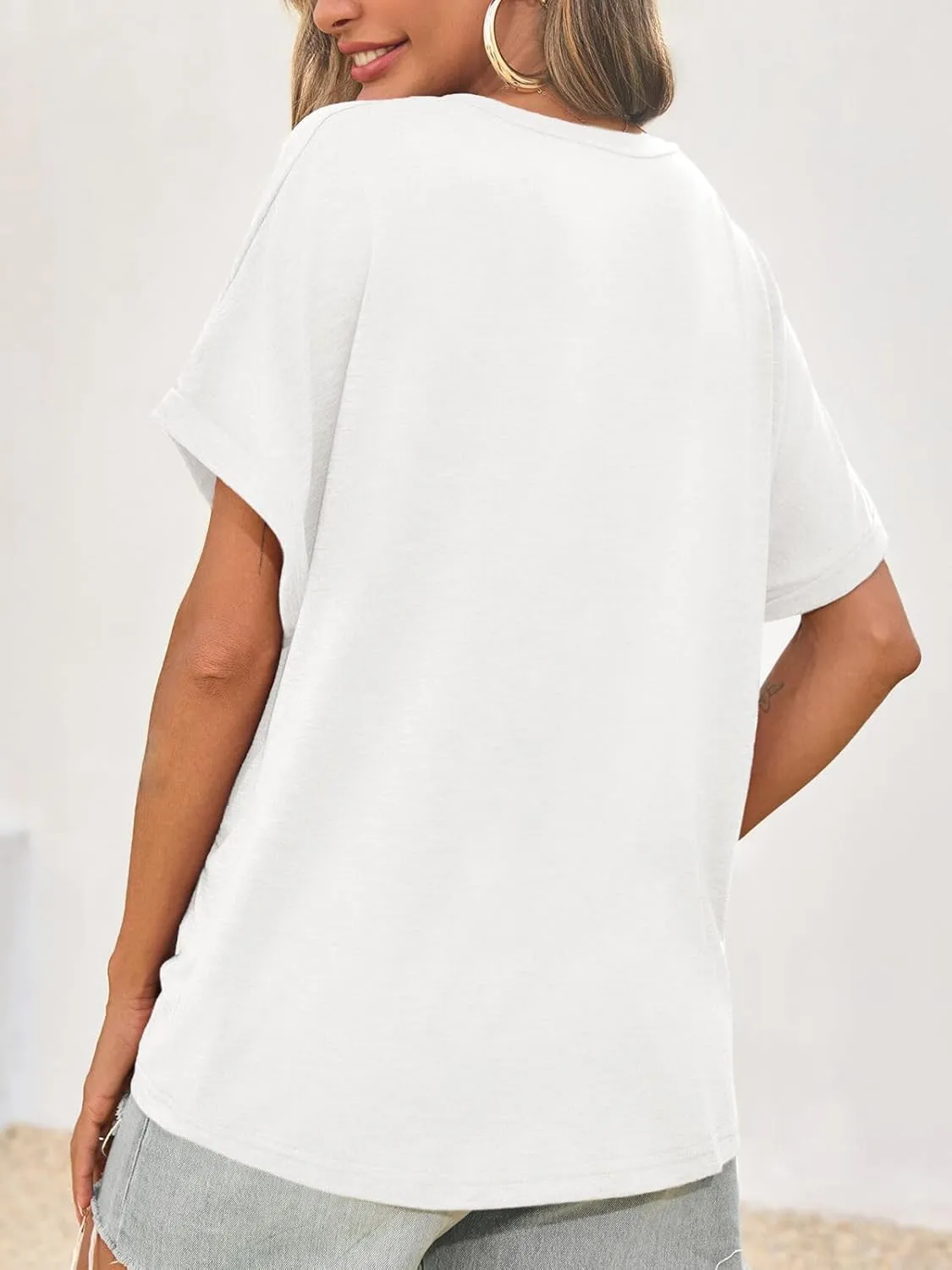 Cicy Bell Womens Summer Oversized T-Shirts V Neck Rolled Short Sleeve Casual Tops Loose Fit Tunic Tees