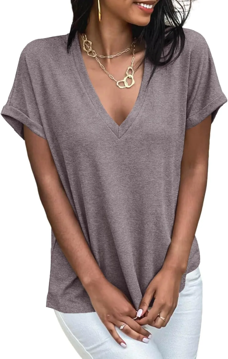 Cicy Bell Womens Summer Oversized T-Shirts V Neck Rolled Short Sleeve Casual Tops Loose Fit Tunic Tees