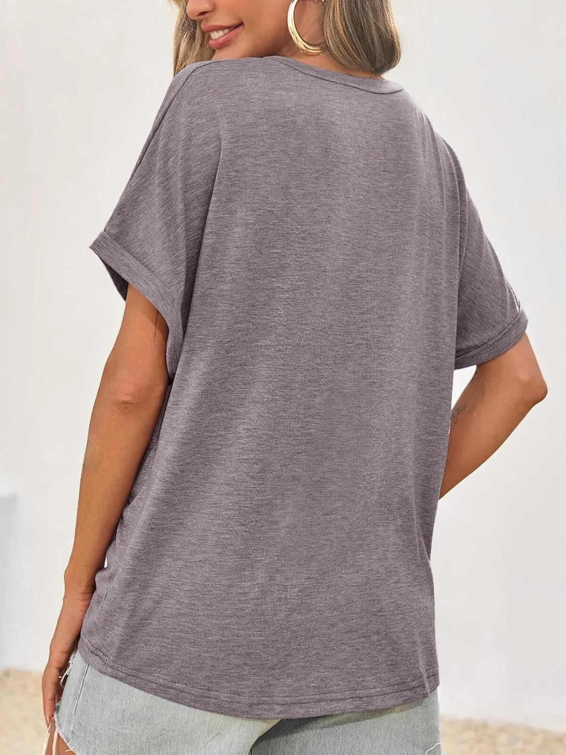 Cicy Bell Womens Summer Oversized T-Shirts V Neck Rolled Short Sleeve Casual Tops Loose Fit Tunic Tees
