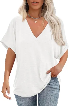 Cicy Bell Womens Summer Oversized T-Shirts V Neck Rolled Short Sleeve Casual Tops Loose Fit Tunic Tees