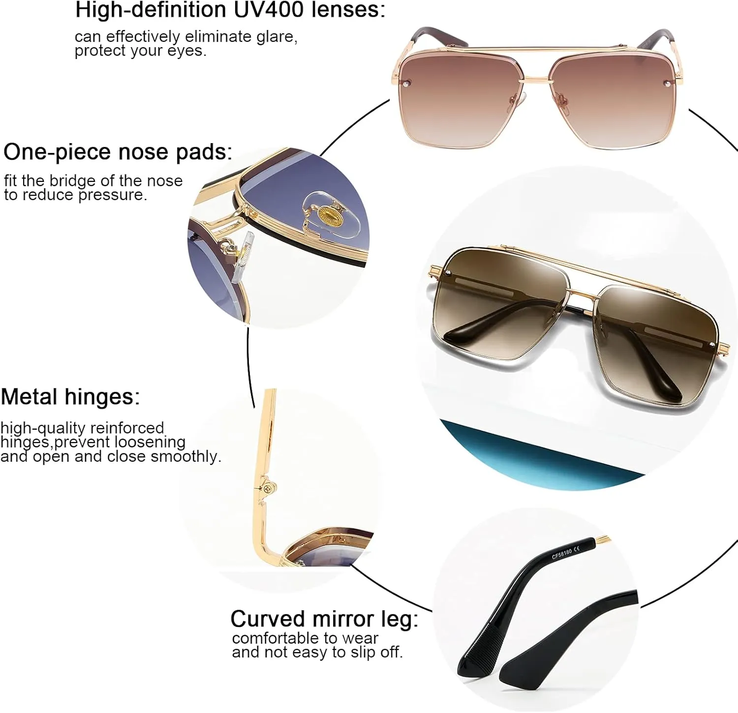 Dollger Square Aviator Sunglasses for Men and Women Fashion Metal Vintage Gradient Shades Sunglasses UV400 Protection