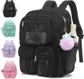 Mesh Backpack for Girls Boys, Heavy Duty Semi-Transparent Mesh Bookbag Womens Mens Mesh Backpacks for School, Sports, Beach, Swimming, Travel Black