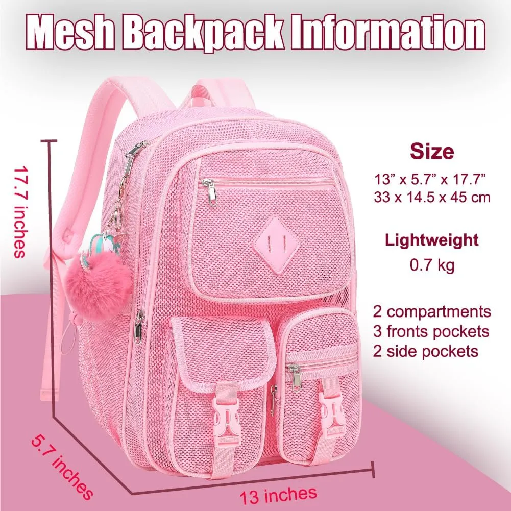 Mesh Backpack for Girls Boys, Heavy Duty Semi-Transparent Mesh Bookbag Womens Mens Mesh Backpacks for School, Sports, Beach, Swimming, Travel Pink