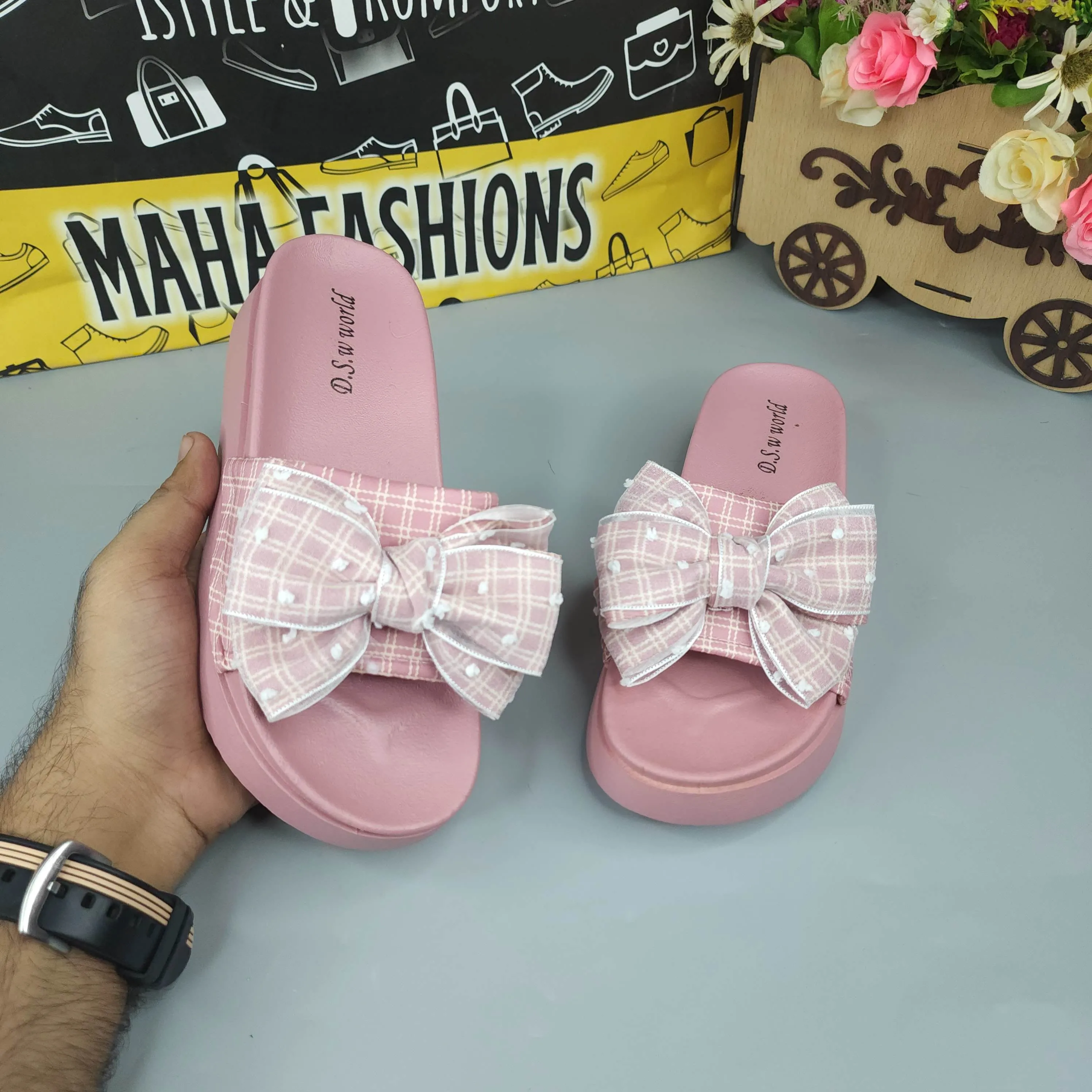 Pink Check Bow Slides