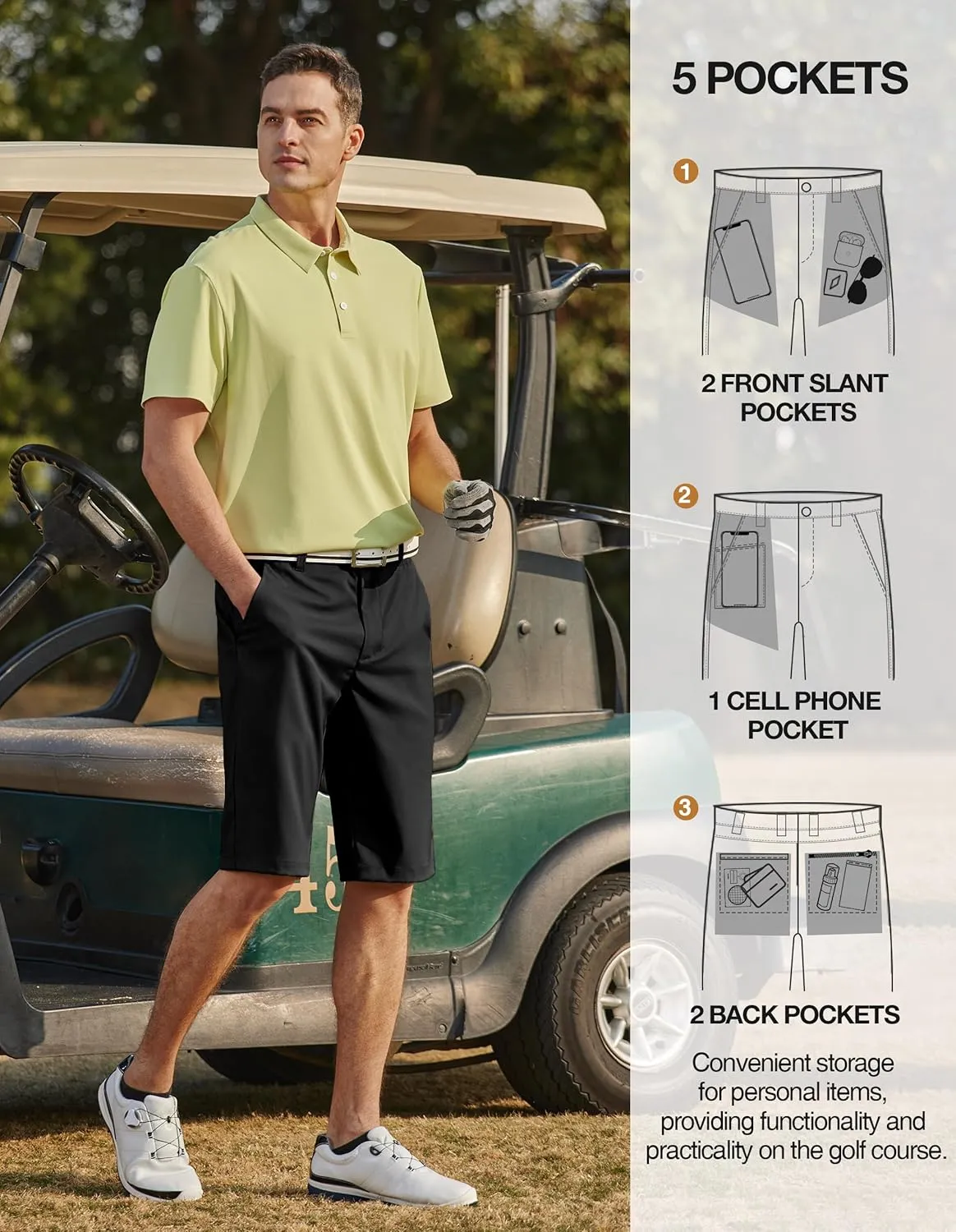 PULI Mens Golf Hiking Shorts Lightweight Casual Dress 12" Inseam Work Stretch Travel Hybrid Quick Drying with Pockets