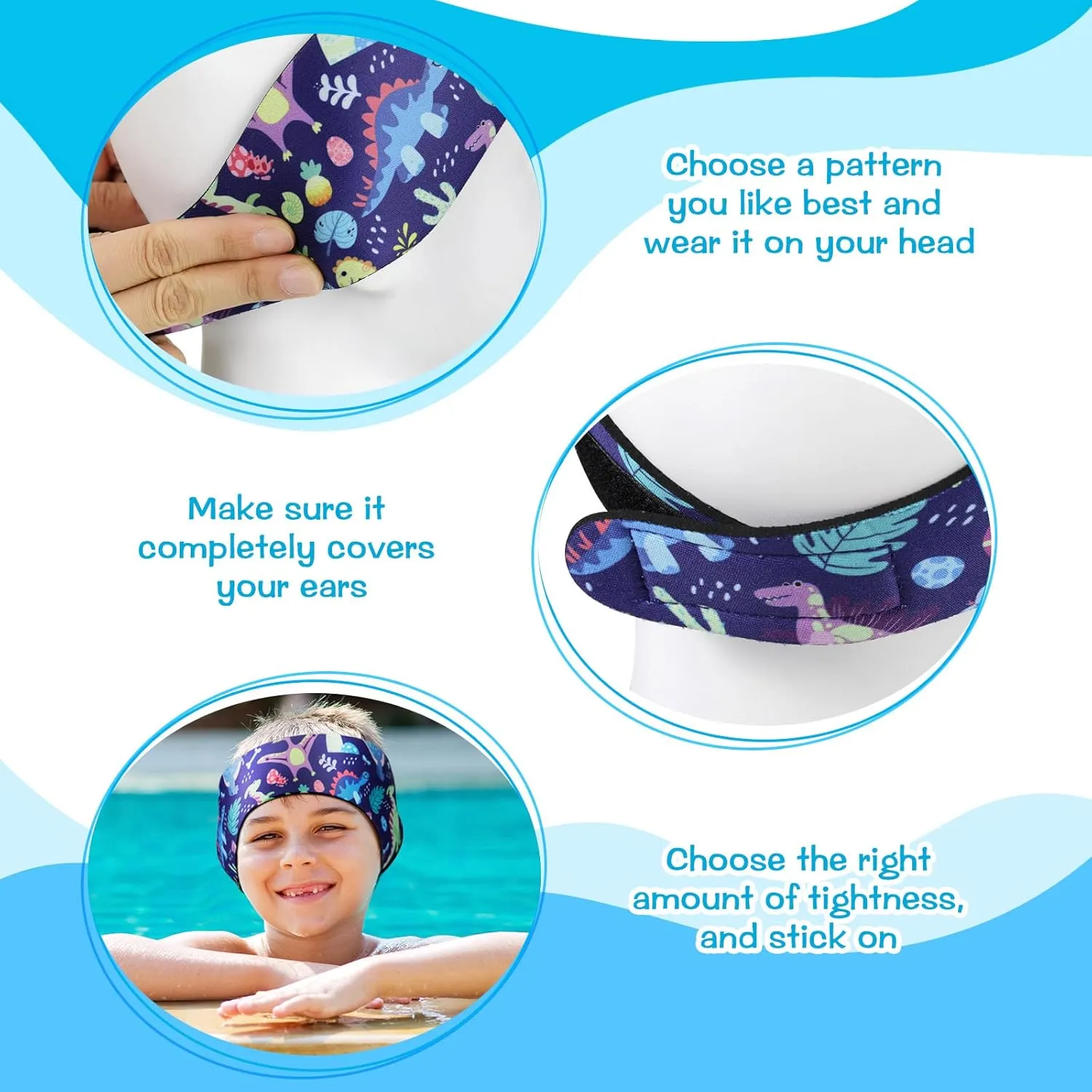 Zhanmai Swimming Headband, 4 Pieces Kids Waterproof Neoprene Hairband with Ear Covers, Adjustable Swimmer's Headband for Ear Protection (Dinosaur Style, 22 Inch)