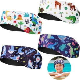 Zhanmai Swimming Headband, 4 Pieces Kids Waterproof Neoprene Hairband with Ear Covers, Adjustable Swimmer's Headband for Ear Protection (Dinosaur Style, 22 Inch)